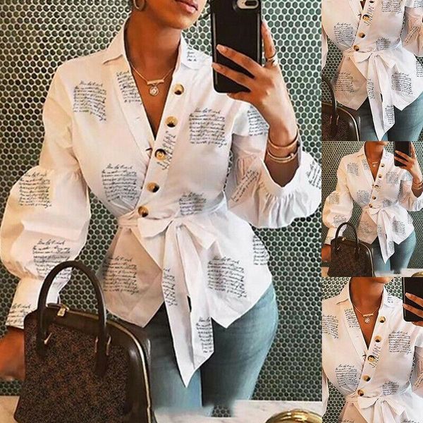 

women letters print elegant shirts ladies fashion blouses v-neck button long sleeve shirt blouse blusas mujer de moda hot, White
