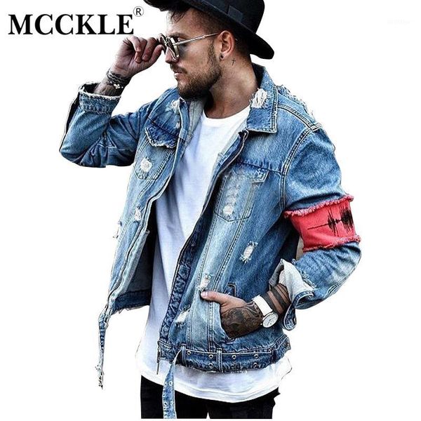 

wholesale-mcckle hi-street men ripped ribbon jeans jackets washed patchwork distressed denim man slim fit streetwear hiphop vintage jacket1, Black;brown
