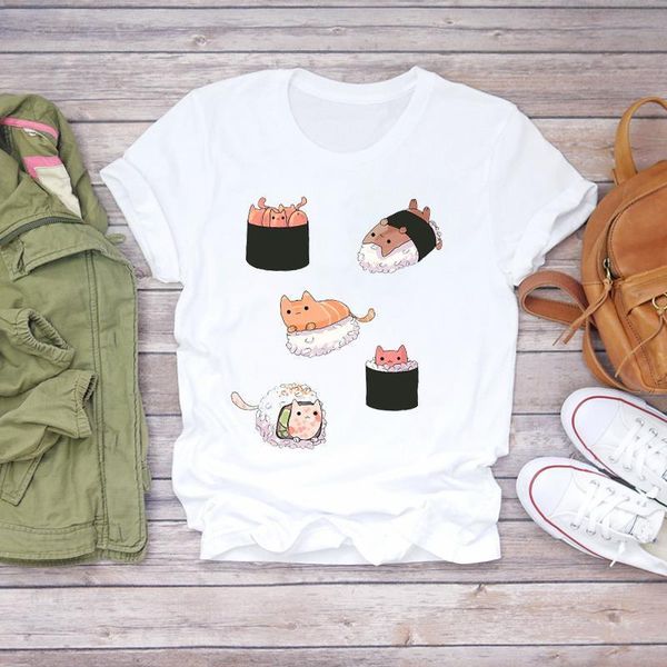 

women cat cartoon lovely print short sleeve clothing summer shirt t-shirts t graphic female ladies womens tee t-shirt, White