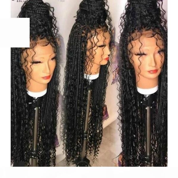 

new natural 13x4 lace frontal goddess box braids wigs curly style part synthetic swiss lace front wigs for black women, Black;brown