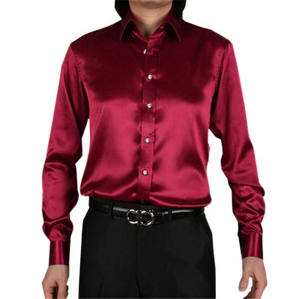 

fashion shiny silky satin dress shirt luxury silk like long sleeve mens casual shirts performance stage wear, White;black