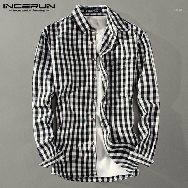 

incerun men casual plaid shirt lapel streetwear chic long sleeve 2021 button camisa fashion brand basic shirts men plus size 5xl1, White;black
