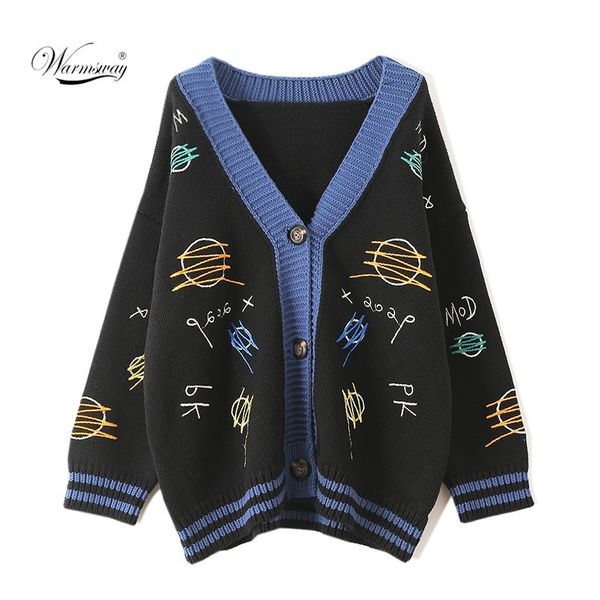 

runway designer knitted cardigans female embroidery pattern retro thick buttons jumpers loose sweaters coats c-086 y200915, White;black