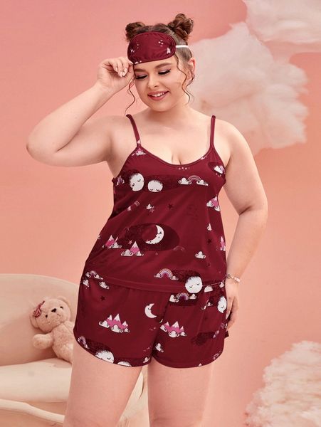 

plus cartoon graphic cami pajama set with eye mask 33zl#, Black;white