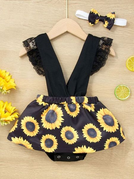 

baby floral print lace trim combo bodysuit dress & headband she, Red;yellow