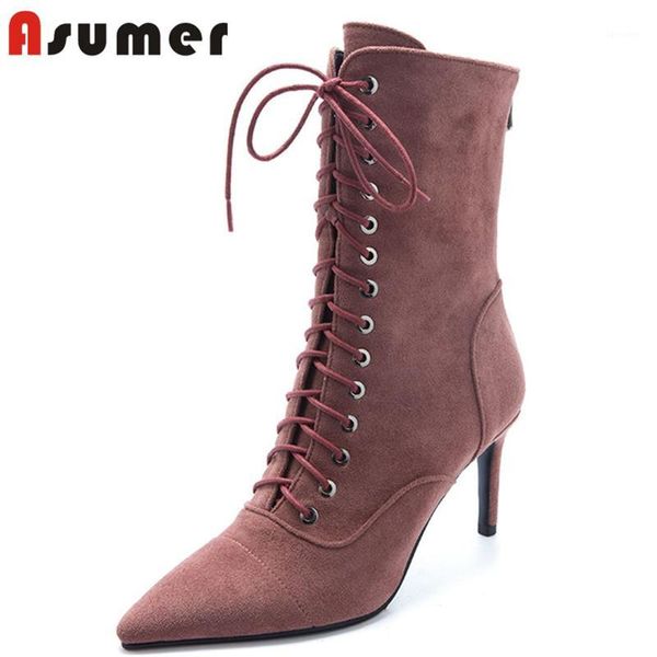 

asumer 2020 new arrive thin high heel ladies party shoes suede leather pointed toe cross tied fashion ankle boots for women1, Black
