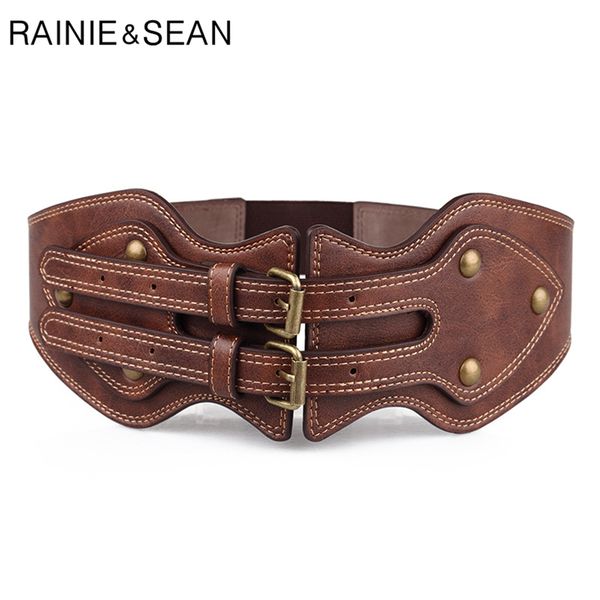 

rainie sean womens wide leather belt punk rivet female belts cummerbunds brown ladies elastic corset cx200722, Black;brown