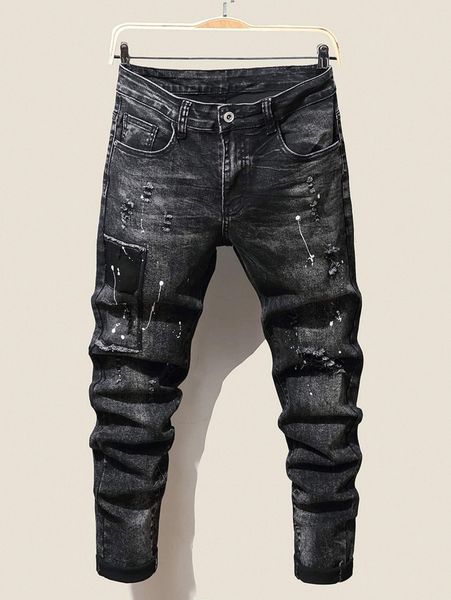 

men paint drip print ripped jeans v1qy#, Blue