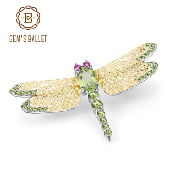 

gem's ballet 1.13ct natural green peridot gemstone brooch 925 sterling sliver handmade dragonfly brooches for women dresses 201009, Gray