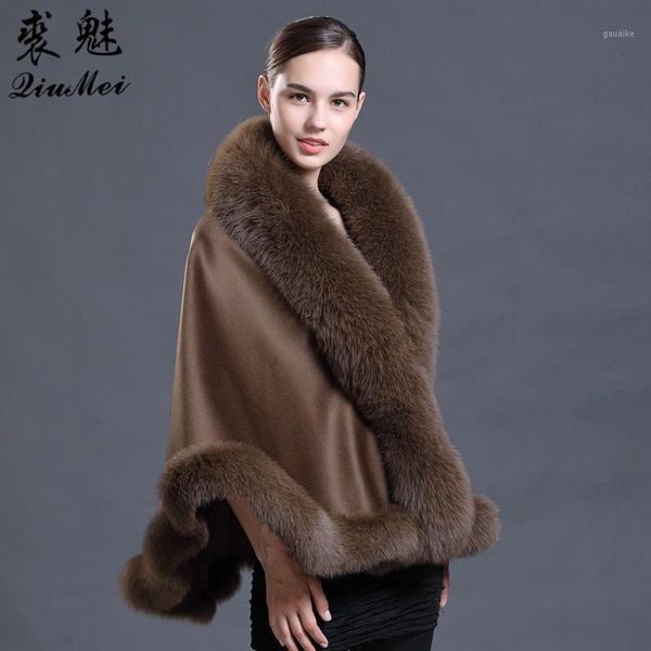 

brown wool pashmina cashmere coat pashmina shawls with fur wool scarf fur collar poncho wrap outwear real coat1, Black