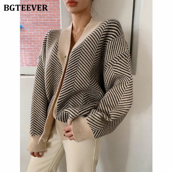 

bgteever autumn winter vintage striped open stitch sweater for women single-breasted loose v-neck female cardigans knitting, White