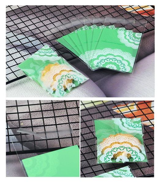

gift wrap green lace cookie bags self adhesive seal plastic cookies for kids birthday gifts wedding party decoration 100pcs/lot