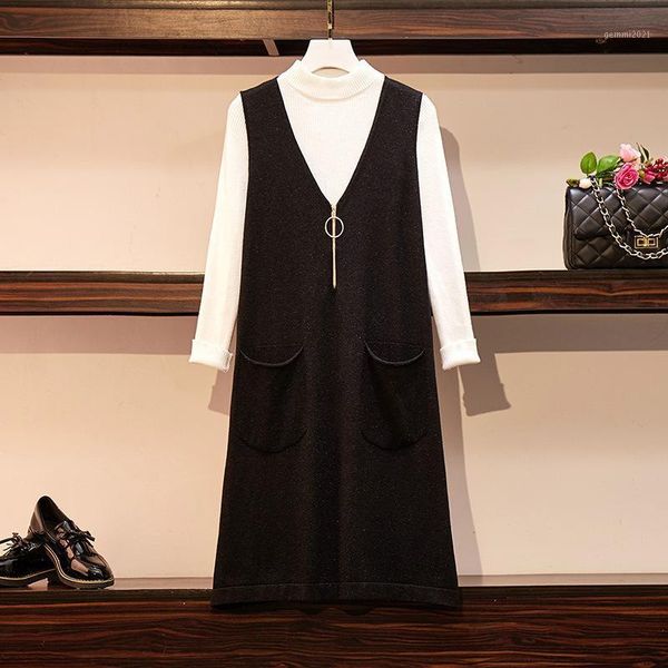 

two piece dress 5xl 2 set plus size women knee length knitted sweater office work big winter outfits1, White