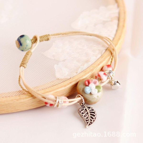 

simple personality students accessories vintage ethnic style handmade jewelry ceramic flowers woven bracelet birthday gift, Golden;silver