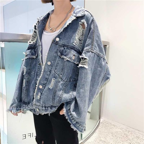 

denim jacket female new loose hole denim coat spring autumn plus size tide bat sleeve single breasted jeans jacket women d34241, Black;brown