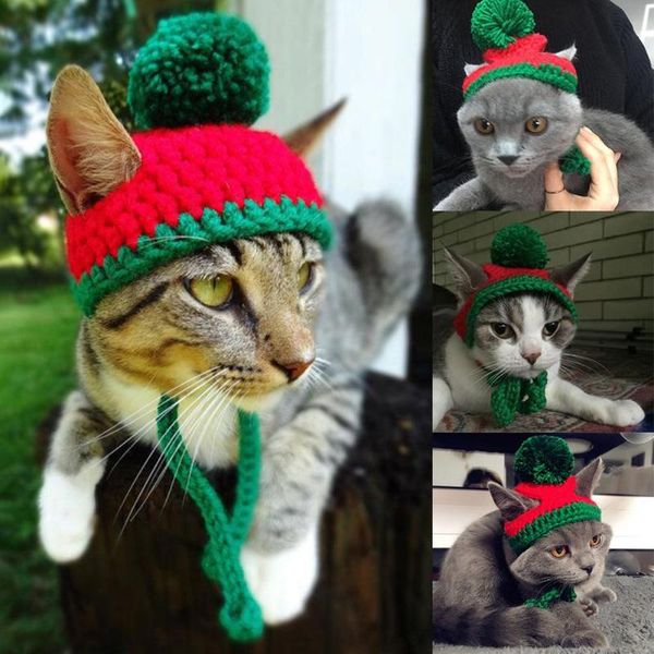 

cat costumes pet santa hat christmas ball knitted puppy cap halloween cosplay dog winter warm plush clothes supplies