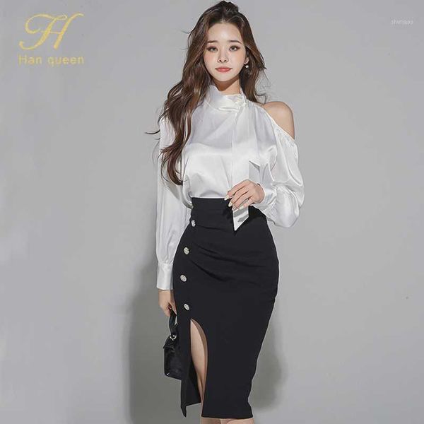 

h han queen women 2020 autumn new work 2 pieces set off the shoulderblouses & split sheath pencil skirt korean simple skirt suit1, White