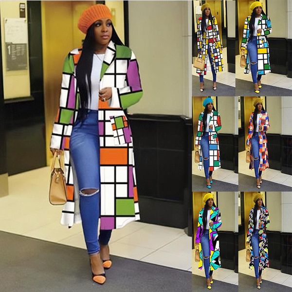 

women's trench coats 2021 autumn and winter windbreaker large size plaid print double-breasted lapel fashion western style slim long ja, Tan;black