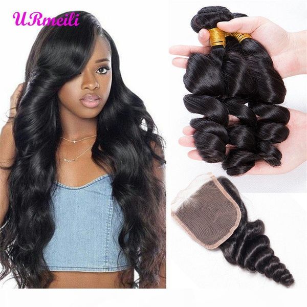 

urmeili loose wave bundles with closure 3 4 bundles with lace closure loose deep peruvian human hair bundles with closure remy virgin hair, Black;brown