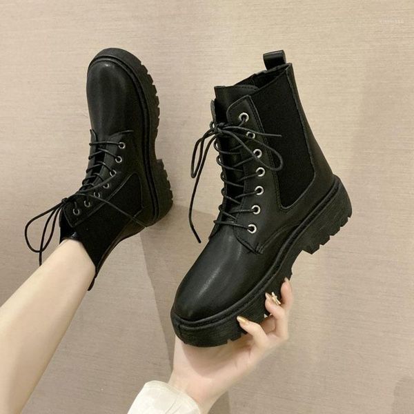 

black pu leather ankle boots women autumn winter round toe lace up short boots fashion casual platform shoes for women shoes1