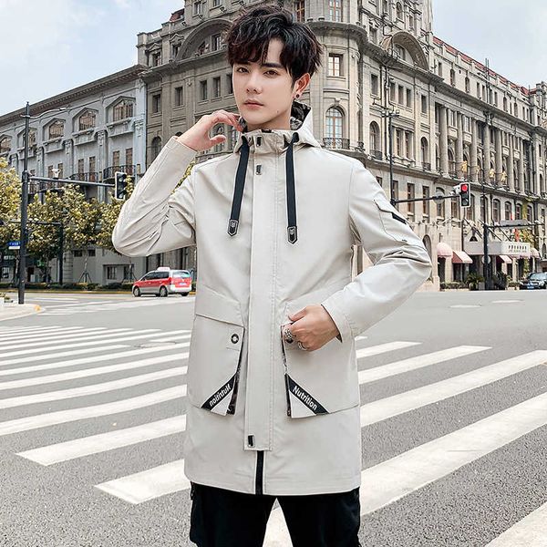 

men's mid long hooded design windbreaker autumn and winter korean fashion handsome youth jacket 8033, Black;brown