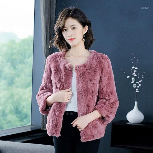 

2020 new autumn winter women long sleeve plus size overcoat real rex fur jacket short female warm plush coats a2191, Black
