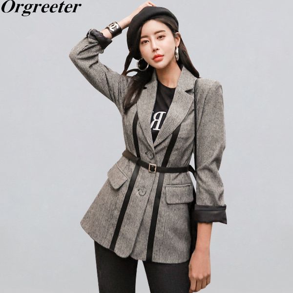 

autumn winter fashion casual belted lace-up trench women 2019 new retro striped nothced pockets suits coat ol work wear grayx1020, Black