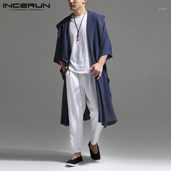 

incerun men trench 3/4 sleeve hooded cotton solid open stitch outerwear 2020 poncho streetwear casual vintage men cardigan coats1, Tan;black