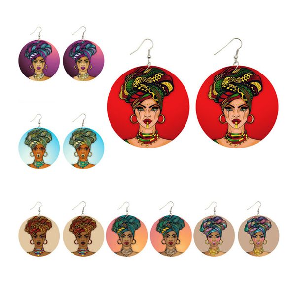 

2021 new ladies wood earring fashion round printed female portraits charm earring ear hook ear drop for women designer jewelry gifts, Silver