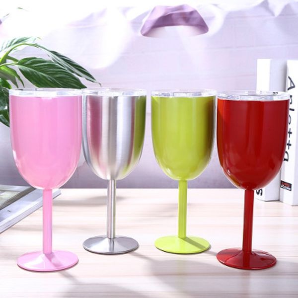 

10oz stainless steel wine goblet sealed wine glass stemless tumbler double wall vacuum with lid unbreakeble for travel party home fwd2864