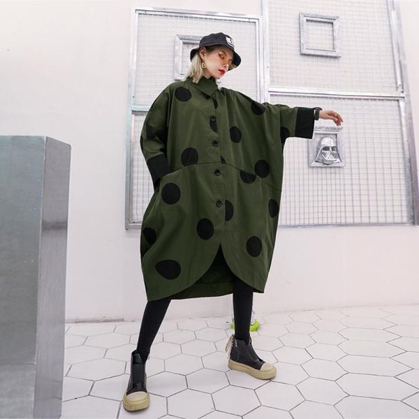 

women's 2020 new style autumn elegant irregular dot coat single breast patchwork turn down collar bat sleeved coat plus size1, Tan;black