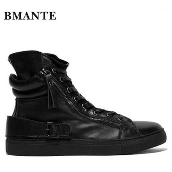 

boots bmante genuine leather men ankle sping solid casual zipper lace-up flats high sneakers male luxury trainers shoes1, Black