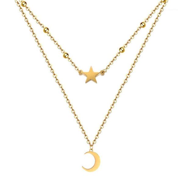 

fashion small star moon pendant necklace for womengold color stainless steel neck chains 35+5cm choker necklace collar 20201, Golden;silver