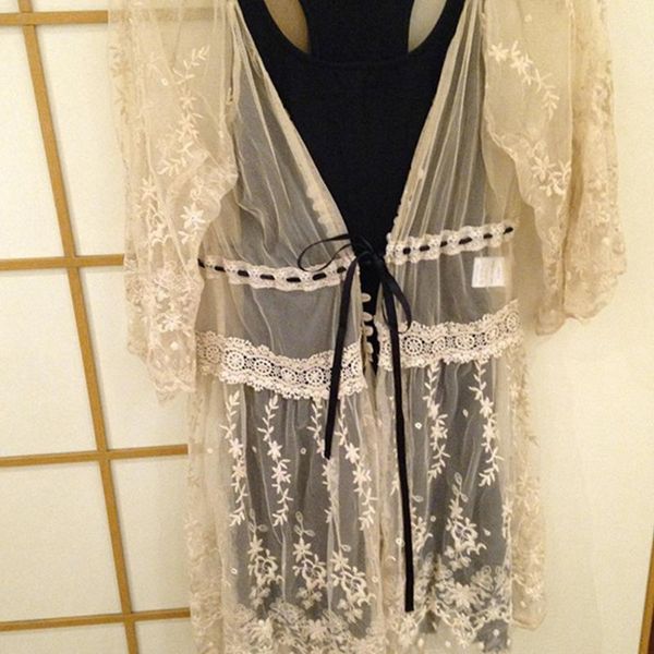 

floral printed summer crochet party lace long sleeve vintage loose vacation women cardigan1, White
