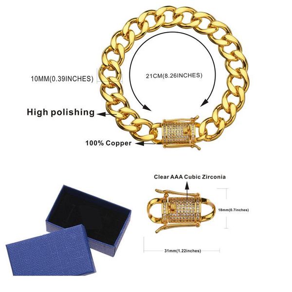 

karopel crystal cz zircon triple lock bracelet 10mm cuban link box clasp bracelet men female hip hop jewlery drop wmtsdw, Black