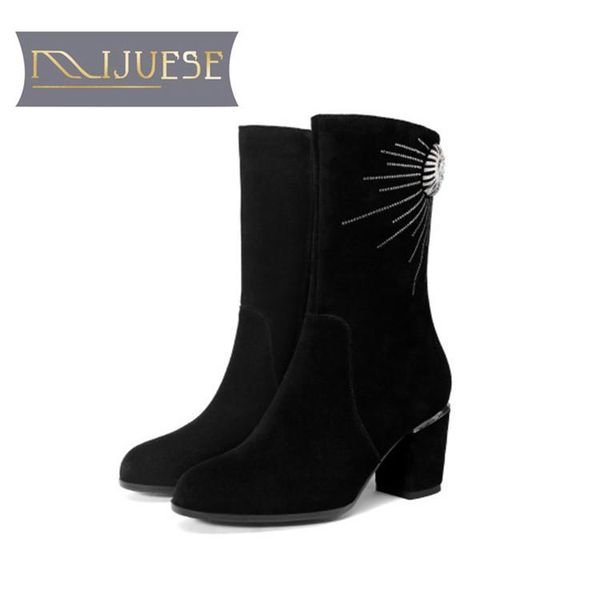 

mljuese 2020 women mid-calf boots cow suede crystal winter warm thick heel high heels women boots big size 33-43, Black