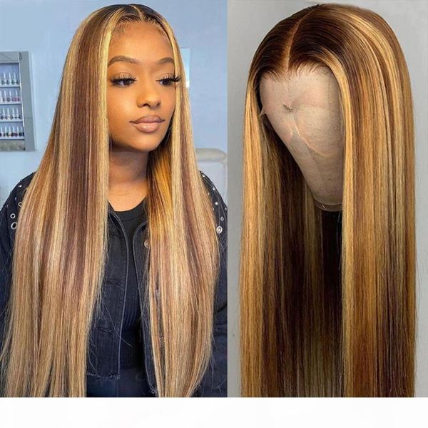 

180% ombre highlight straight lace front wig transparent straight lace frontal wigs t part brazilian human hair wigs, Black;brown
