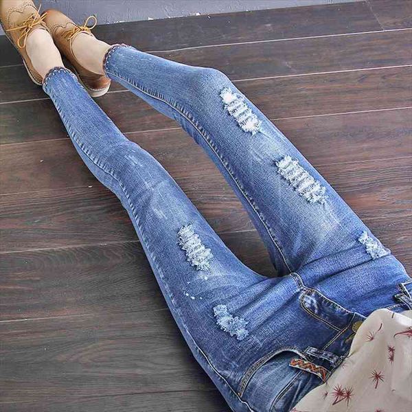 

women stretch slim elastic high waist broken torn ripped jeans skinny woman pants womens trousers femme wholesale, Blue