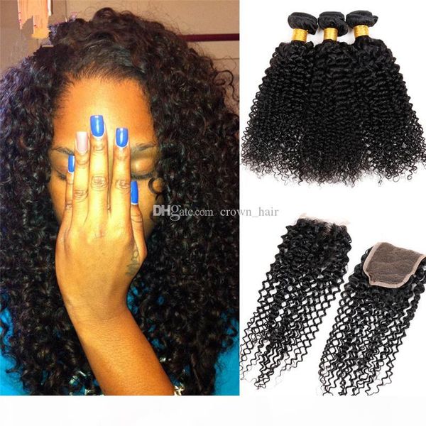 

mongolian 9a kinky curly lace closure with bundles curly hair weaves with closure middle 3 way part 4 pcs lot, Black