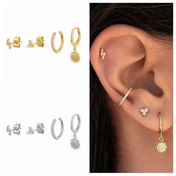 

canner 4pcs lightning flower sun earrings pendientes for women zircon piercing hoops korean fashion y2k jewelry, Golden;silver