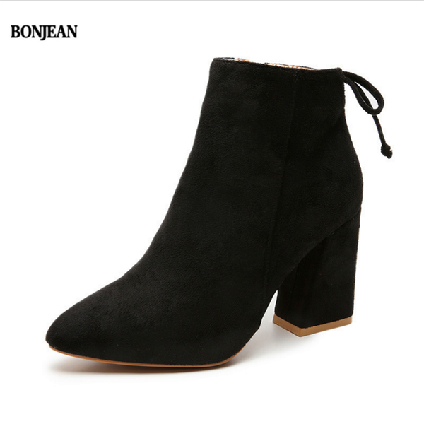 

boots bonjean women shoes ankle pumps flock toe solid autumn spring 2021 high-heeled botas mujer dropship, Black