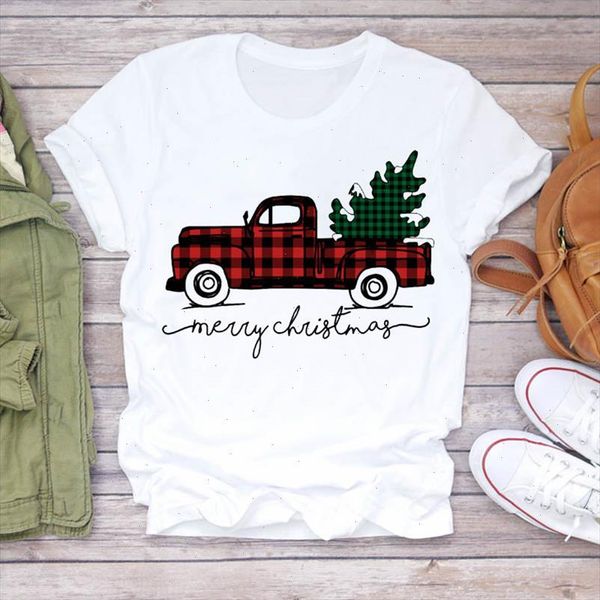 

women truck tree vintage new year trend merry christmas print tshirts clothes graphic female t shirt ladies tee t shirt, White