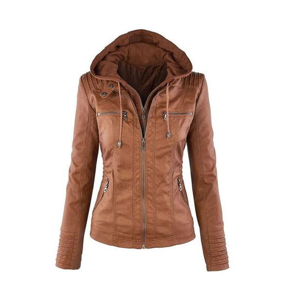 

fashion leather jacket hooded long sleeve solid outerwear autumn winter women coats ladies streetwear blouson cuir femme 2020, Tan;black