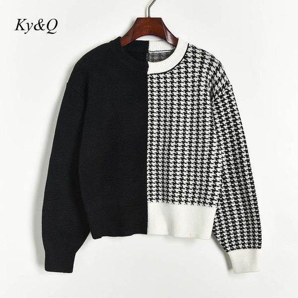 

2019 winter women luxury christmas sweater design black white contrast color houndstooth knit vintage tide pullover clothes coat1, White;black