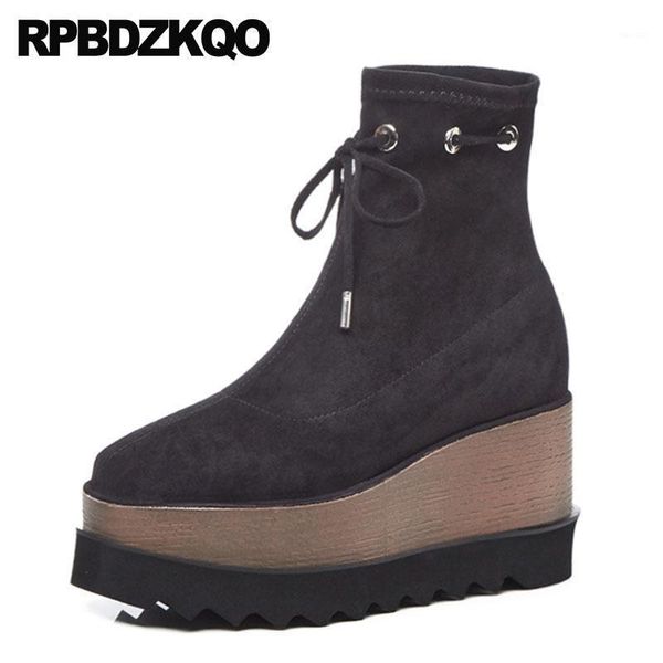 

boots black wedge shoes platform square toe flatform women winter 2021 muffin stretch fur high heel flat elevator harajuku ankle1