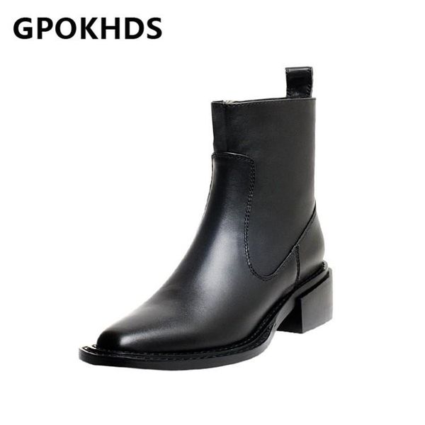

gpokhds 2021 women ankle boots cow leather winter short plush square toe zipper high heels female riding boots size 40, Black