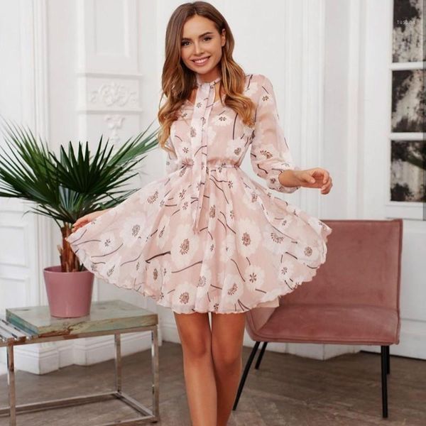 

summer vintage print flowers a-line women dress mini casual dresses for women korean female empire office cute bow pleated dress1, Black;gray