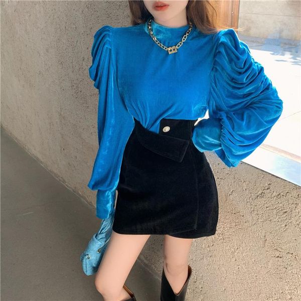 

women's tracksuits spring two piece set women elegant velvet puff long sleeve pullover +high waist wool mini skirt ladies outfits, Gray
