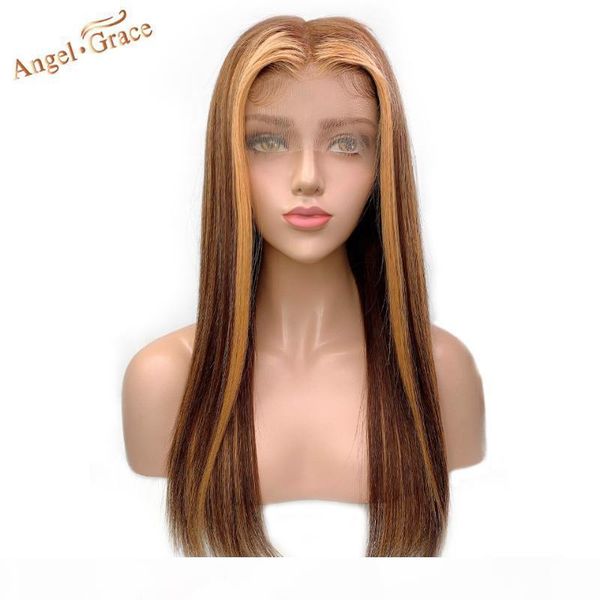 

angel grace 13x4 ombre lace front human hair wig 4 27 colorful blonde brown pre plucked brazilian remy hair wigs for women, Black;brown