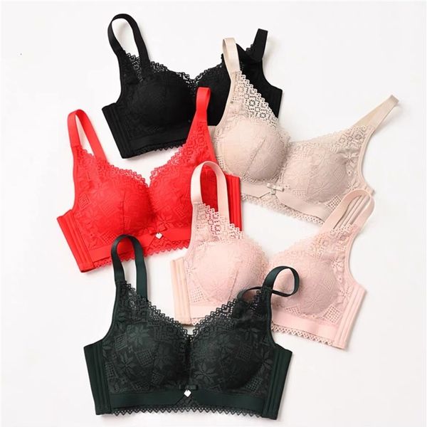 

elastic medium thick gathered lace rimless with side retraction and auxiliary breast adjustable bra women's underwear, Red;black